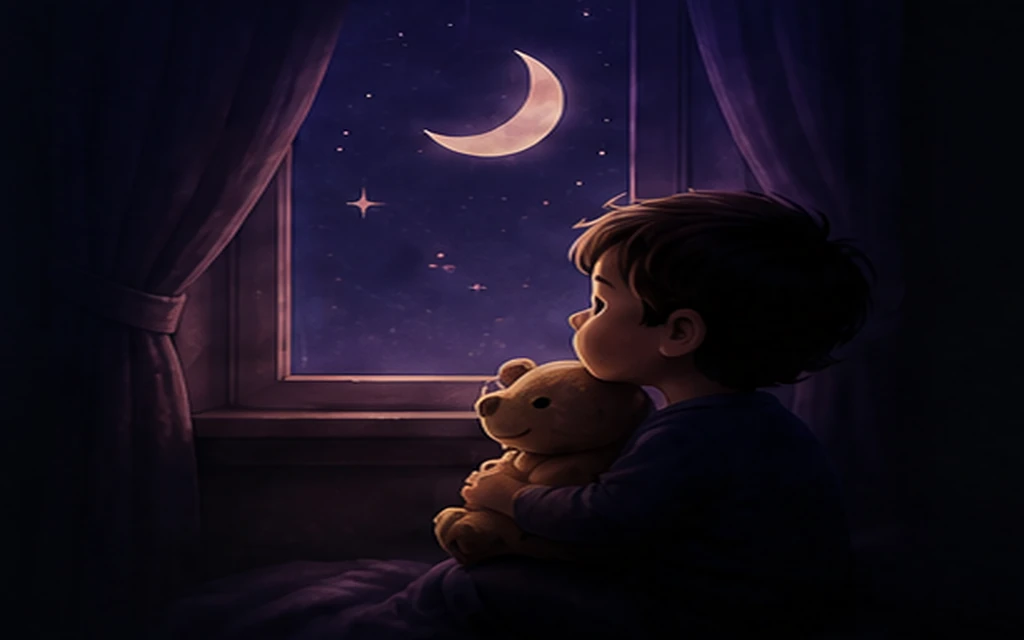 A child cuddles a teddy bear and looks at a crescent moon through a bedroom window.